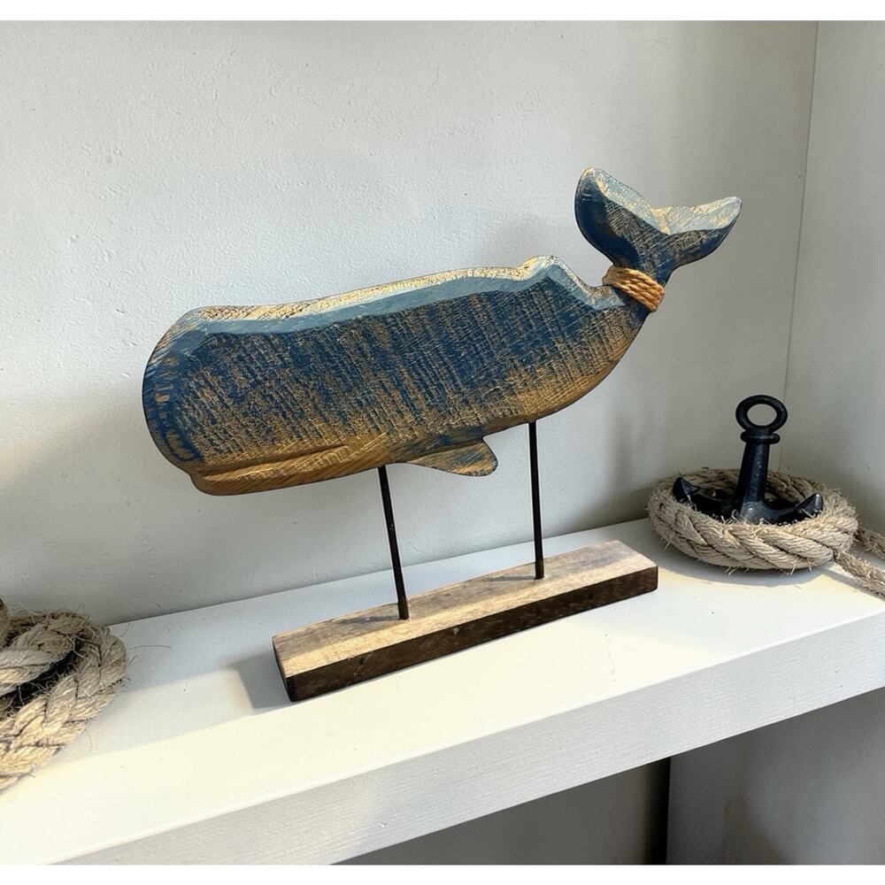 Handmade Wood Whale Sculpture Blue Distressed Carved 8” Nautical Decor 3414-65